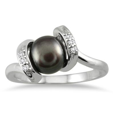 7mm All Natural Freshwater Cultured Pearl and Diamond Ring in .925 Sterling Silver