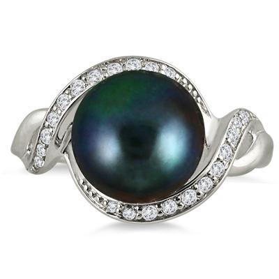 10mm Freshwater Black Cultured Pearl and White Topaz Royal Ring in .925 Sterling Silver