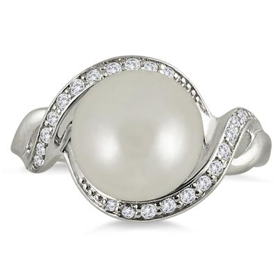 10mm Freshwater White Cultured Pearl and White Topaz Royal Ring in .925 Sterling Silver