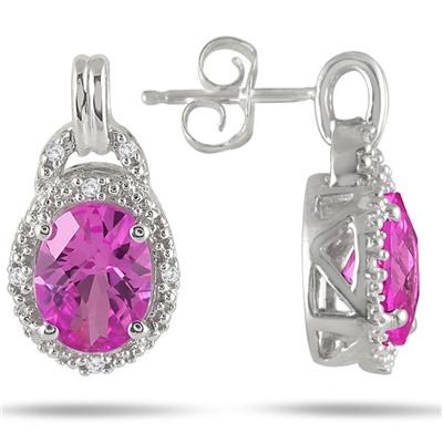 2.90 Carat Created Pink Sapphire and Genuine Diamond Earrings in .925 Sterling Silver