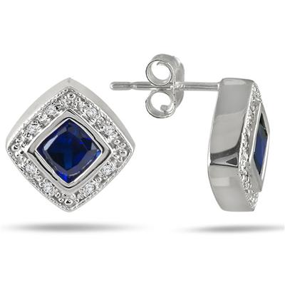 4MM Created Cushion Cut Sapphire and Genuine Diamond Earrings in .925 Sterling Silver