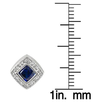 4MM Created Cushion Cut Sapphire and Genuine Diamond Earrings in .925 Sterling Silver