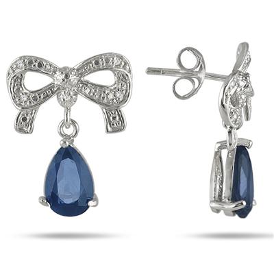 3 Carat Pear Shape Created Sapphire and Diamond Ribbon Drop Earrings in .925 Sterling Silver