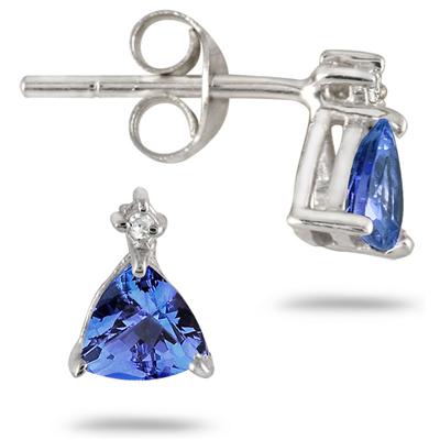7/8 Carat All Natural Trillion Shape Tanzanite and Diamond Stud Earrings in .925 Sterling Silver