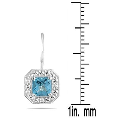 1 3/8 Cushion Cut Blue Topaz and Diamond Earrings in 14K White Gold