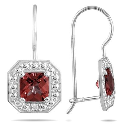 1 3/8 Cushion Cut Garnet and Diamond Earrings in 14K White Gold