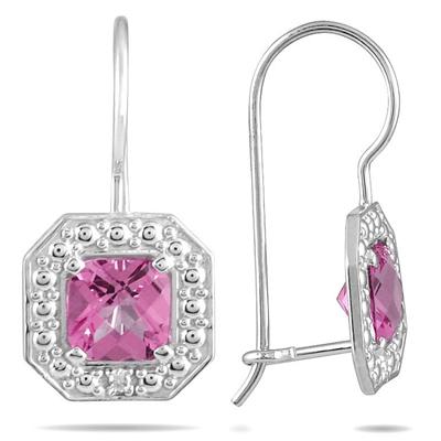 1 3/8 Carat Cushion Cut Pink Topaz and Diamond Earrings in 14K White Gold