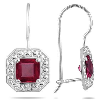 1 1/3 Carat Cushion Cut Ruby and Diamond Earrings in 14K White Gold