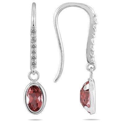 1 1/5 Carat Bezel Set Oval Garnet and Diamond Earrings in 10K White Gold