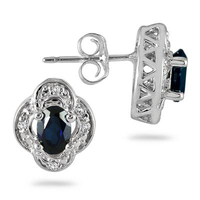 6x4mm Oval Cut Created Sapphire and Diamond Earrings in .925 Sterling Silver
