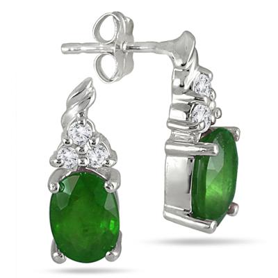 2.40 Carat Oval Emerald and Diamond Earrings in .925 Sterling Silver