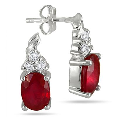 2.40 Carat Oval Ruby and Diamond Earrings in .925 Sterling Silver