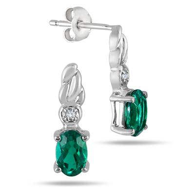6x4MM Created Emerald and Genuine Diamond Earring in .925 Sterling silver