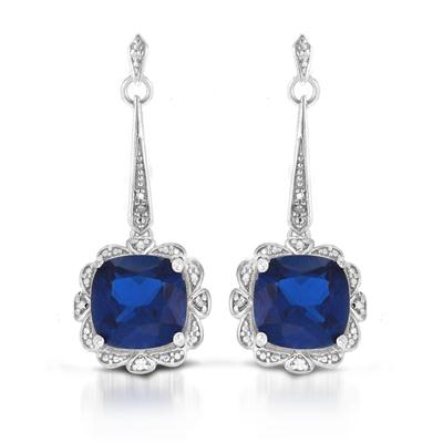 Diamond and Created Sapphire Earrings in .925 Sterling Silver 