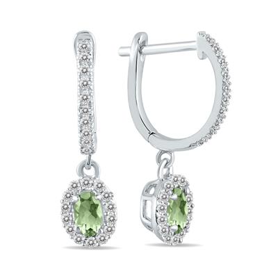 1/2 Carat Oval Green Amethyst and Diamond Halo Dangle Earrings in 10K White Gold