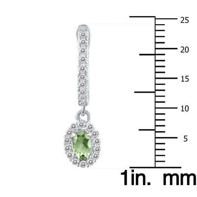 1/2 Carat Oval Green Amethyst and Diamond Halo Dangle Earrings in 10K White Gold
