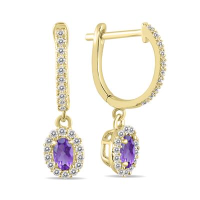 1/2 Carat Oval Amethyst and Diamond Halo Dangle Earrings in 10K Yellow Gold 