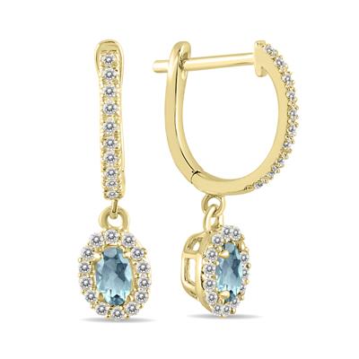 1/2 Carat Oval Aquamarine and Diamond Halo Dangle Earrings in 10K Yellow Gold