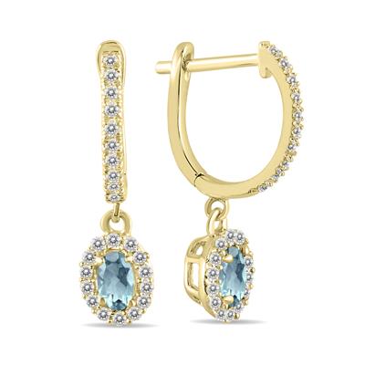 1/2 Carat Oval Aquamarine and Diamond Halo Dangle Earrings in 10K Yellow Gold 