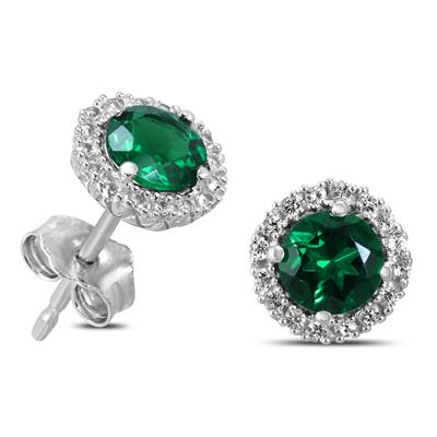 Lab Created Emerald and White Sapphire Halo Earring in .925 Sterling Silver