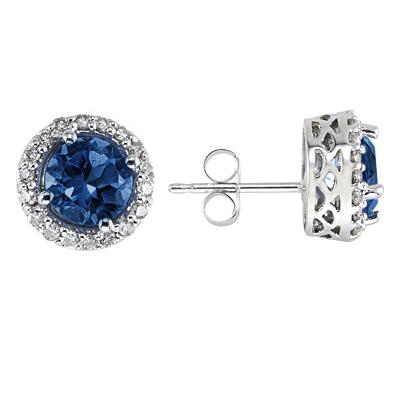 14K White Gold Round Sapphire Earrings with Diamond