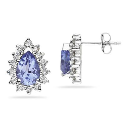 7X5mm Pear Shaped Tanzanite and Diamond Flower Earrings in 14k White Gold