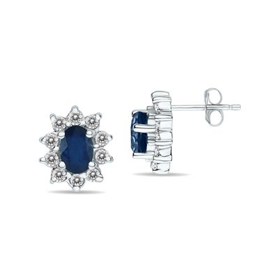 Oval Shape Sapphire and Diamond Flower Earrings in 14k White Gold