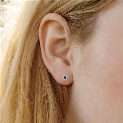 Oval Shape Sapphire and Diamond Flower Earrings in 14k White Gold