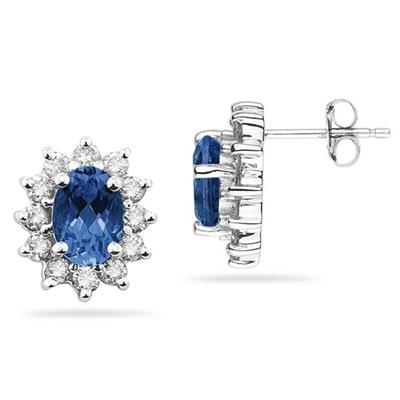 7X5mm Oval Shaped Sapphire and Diamond Flower Earrings in 14k White Gold