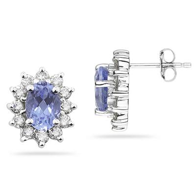 7X5mm Oval Shaped Tanzanite and Diamond Flower Earrings in 14k White Gold