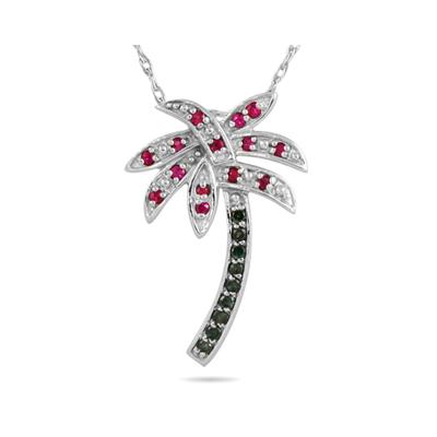 Blue Diamond and Ruby Palm Tree Pendant in 10K White Gold