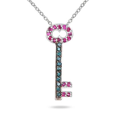 Ruby and Blue Diamond Key Pendant In 14K White Gold