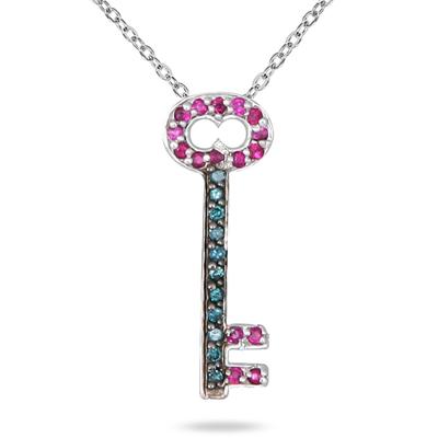 Ruby and Blue Diamond Key Pendant In 14K White Gold