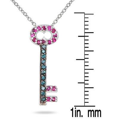 Ruby and Blue Diamond Key Pendant In 14K White Gold