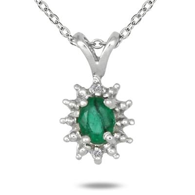 Oval Shaped Emerald and Diamond Flower Pendant in .925 Sterling Silver