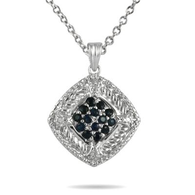 Sapphire and Diamond Cluster Pendant in Sterling Silver