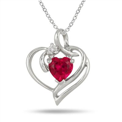 Created Heart Shape Ruby and Genuine Diamond Pendant in .925 Sterling Silver