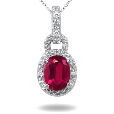 7x5MM Created Oval Ruby and Genuine Diamond Estate Pendant in .925 Sterling Silver
