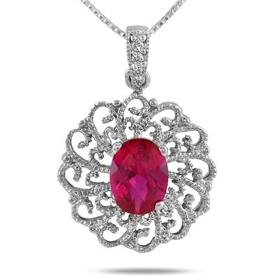 8x6MM Created Oval Ruby and Diamond Antique Filigree Pendant in .925 Sterling Silver