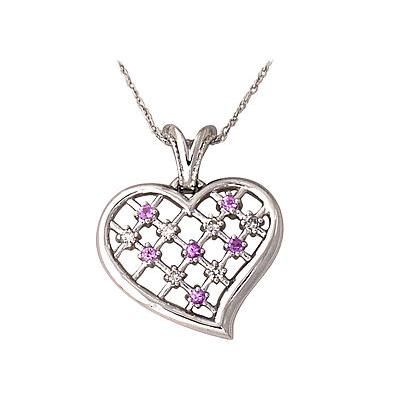 Pink Sapphire and Diamond Heart Pendant 14k White Gold