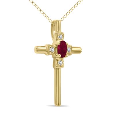 Ruby and Diamond Cross Pendant 10K Yellow Gold