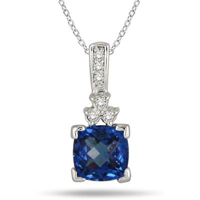 8MM Cushion Cut Created Sapphire and Genuine Diamond Pendant in .925 Sterling Silver