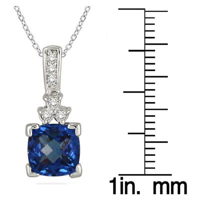 8MM Cushion Cut Created Sapphire and Genuine Diamond Pendant in .925 Sterling Silver