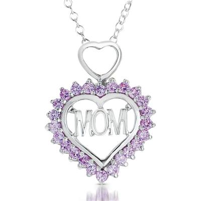 Created Pink Sapphire MOM Heart Pendant in .925 Sterling Silver