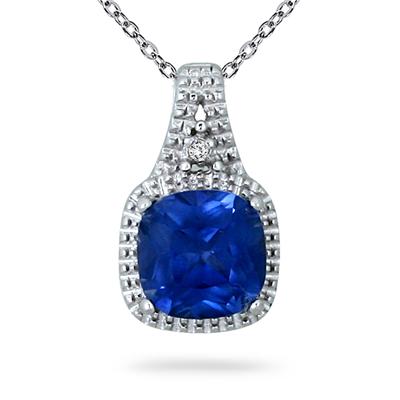 7MM Created Sapphire and Diamond Pendant in .925 Sterling Silver