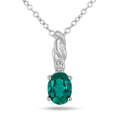 8x6MM Created Oval Emerald and Genuine Diamond Pendant in .925 Sterling Silver