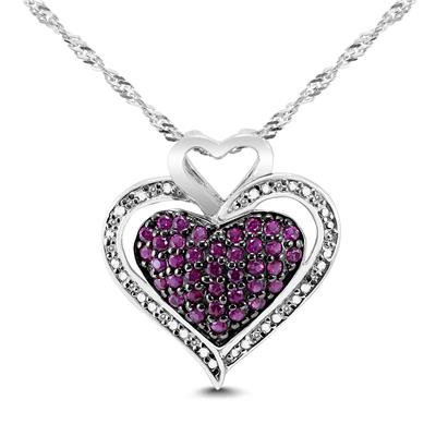 Lab Created Ruby and White Sapphire Pave Cluster Heart Pendant in .925 Sterling Silver