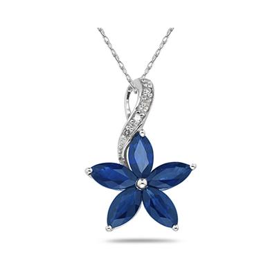 Sapphire and Diamond Flower Pendant in 10k White Gold