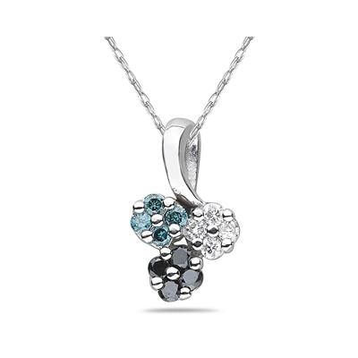 Black, White & Blue Diamond Flower Pendant in White Gold