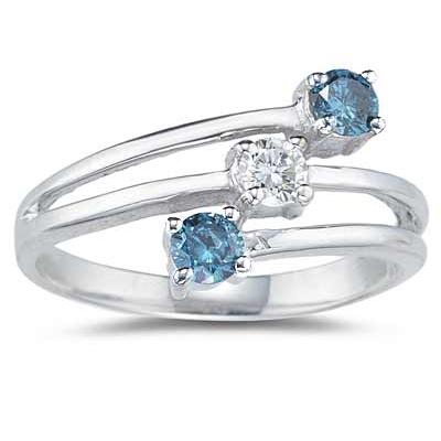 Three Stone Blue And White Diamond Ring in 10k White Gold